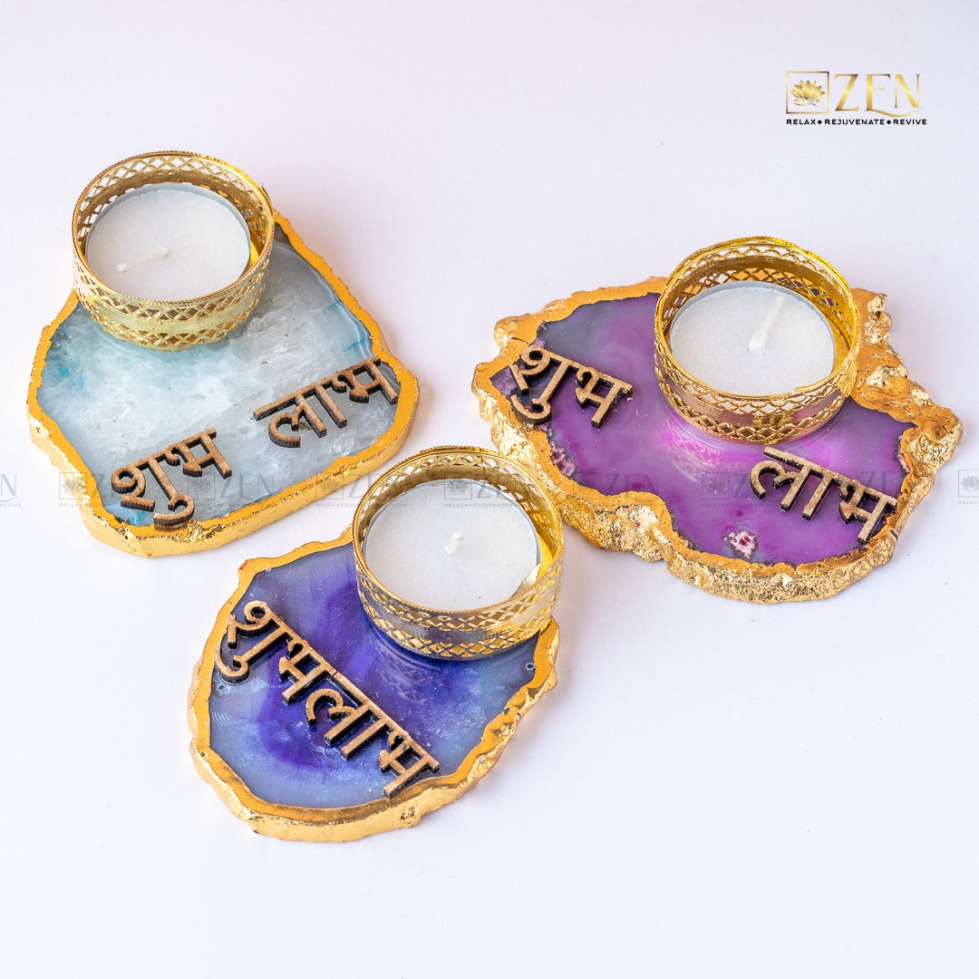 Agate Tea Light Holder with Gold Plating | Shubh Labh