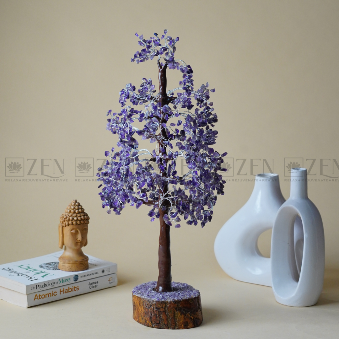 Zen Amethyst Good Luck Crystal Tree - Prosperity | 1000 Beads | Wood Base | The Zen Crystals