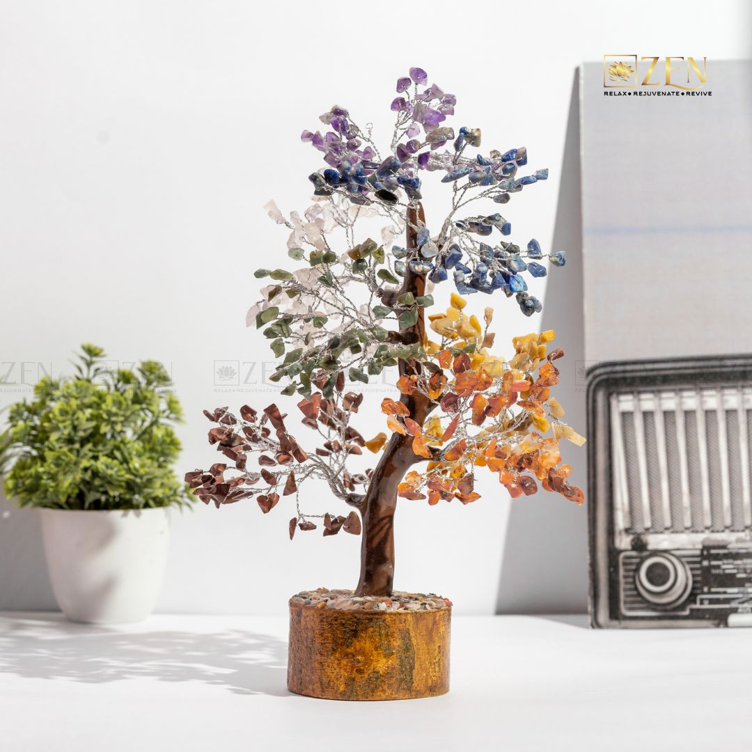 7 Chakra Good Luck Crystal Tree - 500 Chips | Wood Base | For Overall Well Being | The Zen Crystals